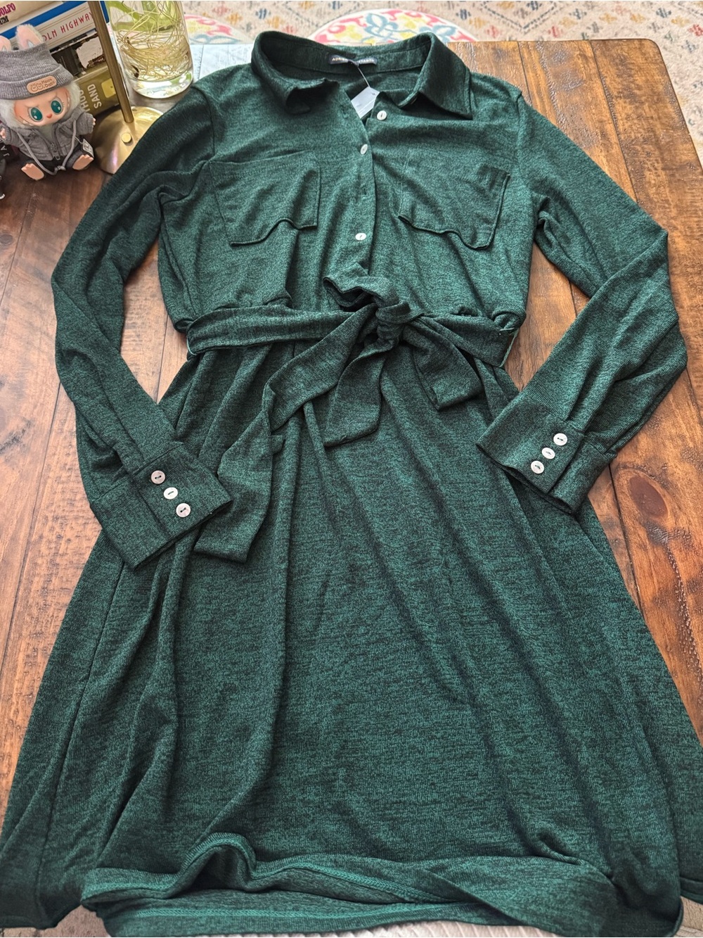 NWT Sz M Adrienne Vittadini Deep Green Long Sleeve Shirt Dress with Tie Waist